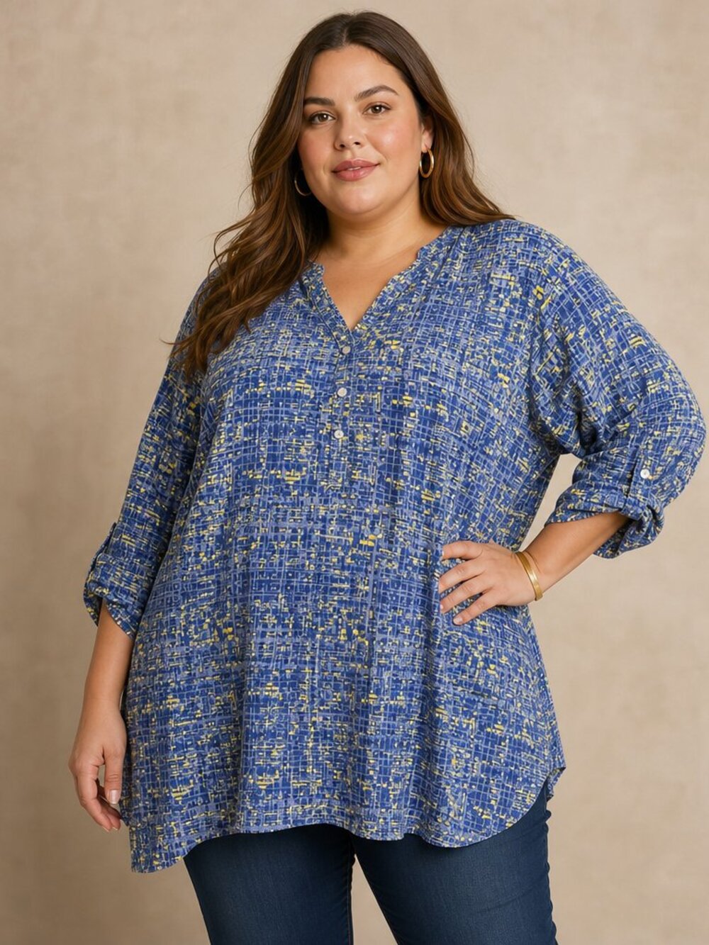 Cocomo XL Blue Yellow Patterned V‑Neck Tunic – Roll‑Tab Sleeve